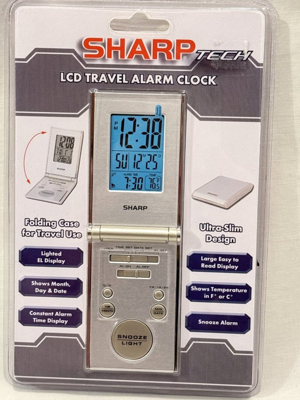 Sharp Tech LCD Ultra Slim Folding Travel Alarm Clock Large Lighted Display NEW